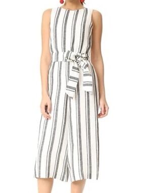 Alice + Olivia Linen Jumpsuit Cropped Wide Leg Belted White Grey Striped Size 6